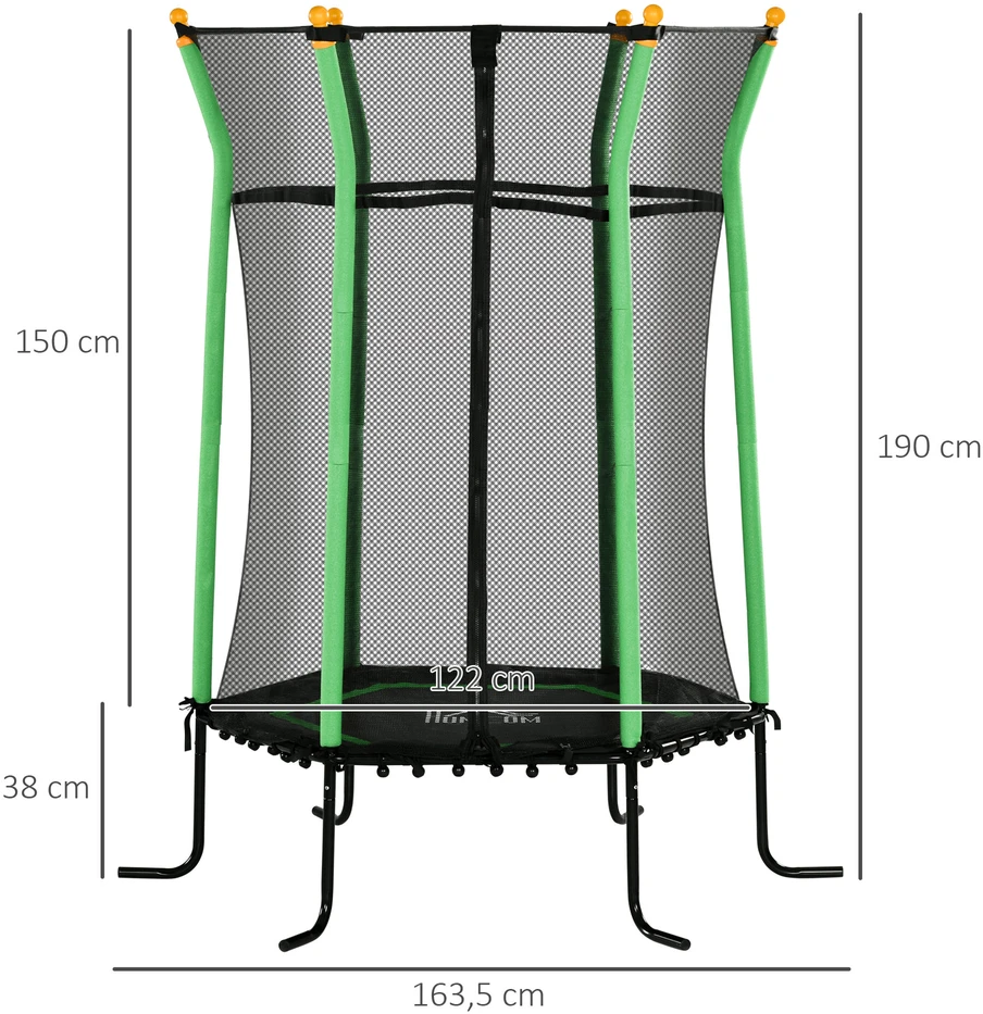 HOMCOM vaikiškas batutas Ø163,5 cm, vidaus batutas su apsauginiu tinklu, kraštų danga, guminėmis virvėmis, vaikiškas batutas iki 50 kg, 3-10 metų vaikams, žalias