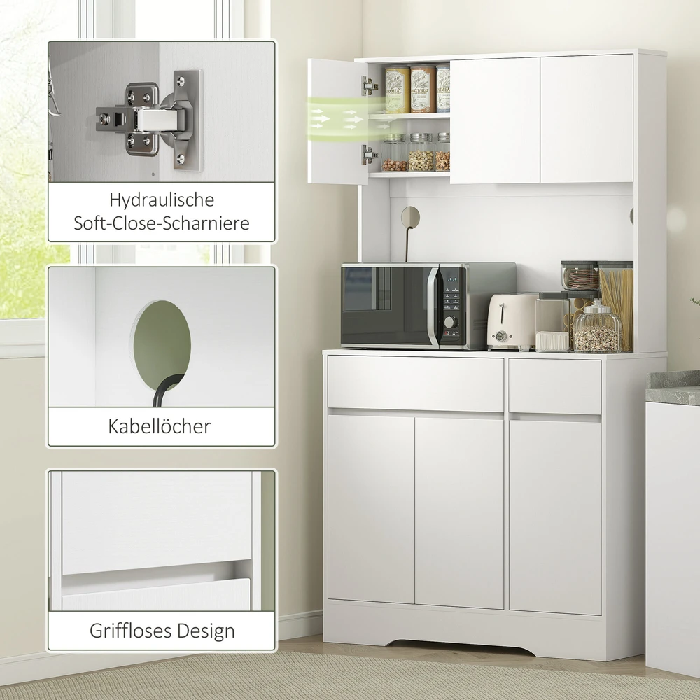 HOMCOM virtuvės spintelė su stalviršiu, 6 durelėmis, aukšta spintelė su reguliuojamomis lentynomis, laidų angomis, mikrobangų krosnelės spintelė, moderni sandėliavimo spintelė, balta, 100 x 38 x 180 cm