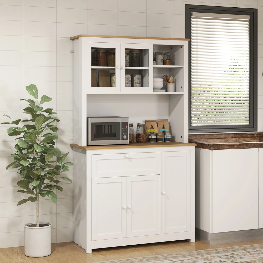 HOMCOM Virtuvės spintelė, virtuvės bufetas su stalčiumi, universali spintelė su 2 atvirais lygiais, 3 spintelės, vitrina su stalviršiu, skirta svetainei, balta, 100 x 40 x 180 cm