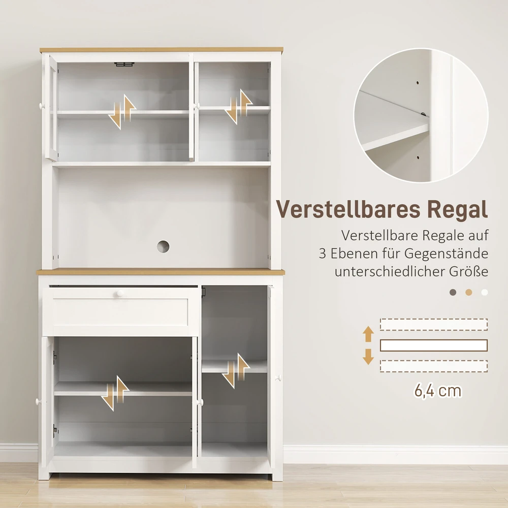 HOMCOM Virtuvės spintelė, virtuvės bufetas su stalčiumi, universali spintelė su 2 atvirais lygiais, 3 spintelės, vitrina su stalviršiu, skirta svetainei, balta, 100 x 40 x 180 cm