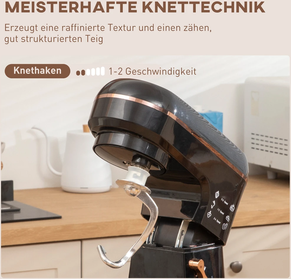 HOMCOM virtuvinis kombainas, 5,5 l nerūdijančio plieno dubuo, 1400 W, 6+P greičio režimai, tešlos maišyklė su plakikliu, tešlos kabliu, šluotele, apsauga nuo tiškalų, grandikliu ir kiaušinių separatoriumi, juodas