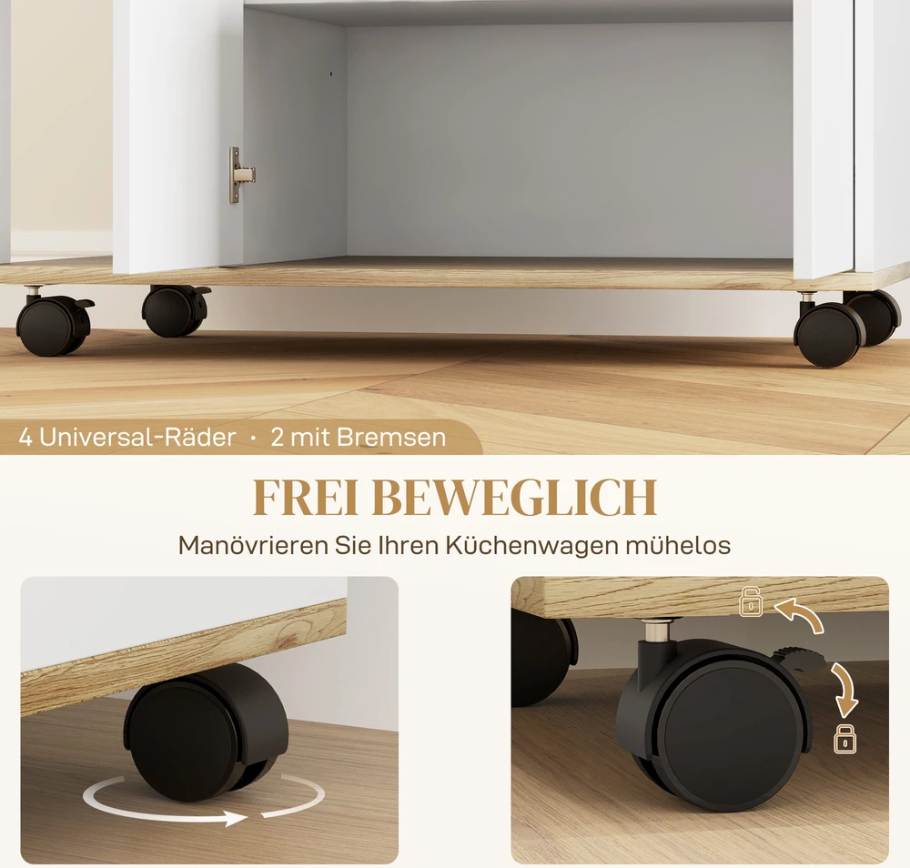 HOMCOM virtuvinis vežimėlis, serviravimo staliukas su spintele, slankiojančiomis ir reguliuojamomis lentynomis, vežimėlis su stalviršiu, ratukais valgomajam, 80 x 40 x 82 cm, baltas
