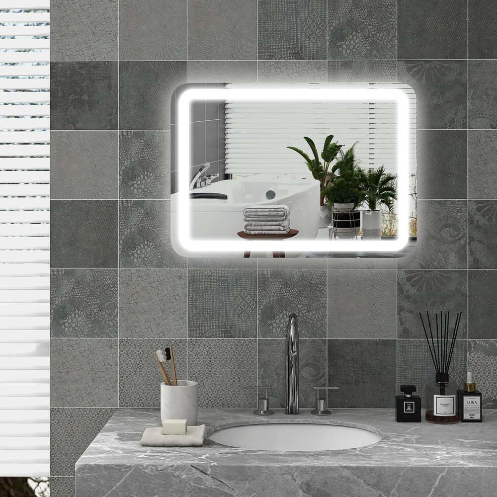 Homcom kleankin vonios veidrodis, 50 x 70 cm LED vonios veidrodis su 3 šviesos spalvomis, sieninis veidrodis su jutikliniu jungikliu, atminties funkcija, apšviečiamas veidrodis su apsauga nuo rasojimo, IP44