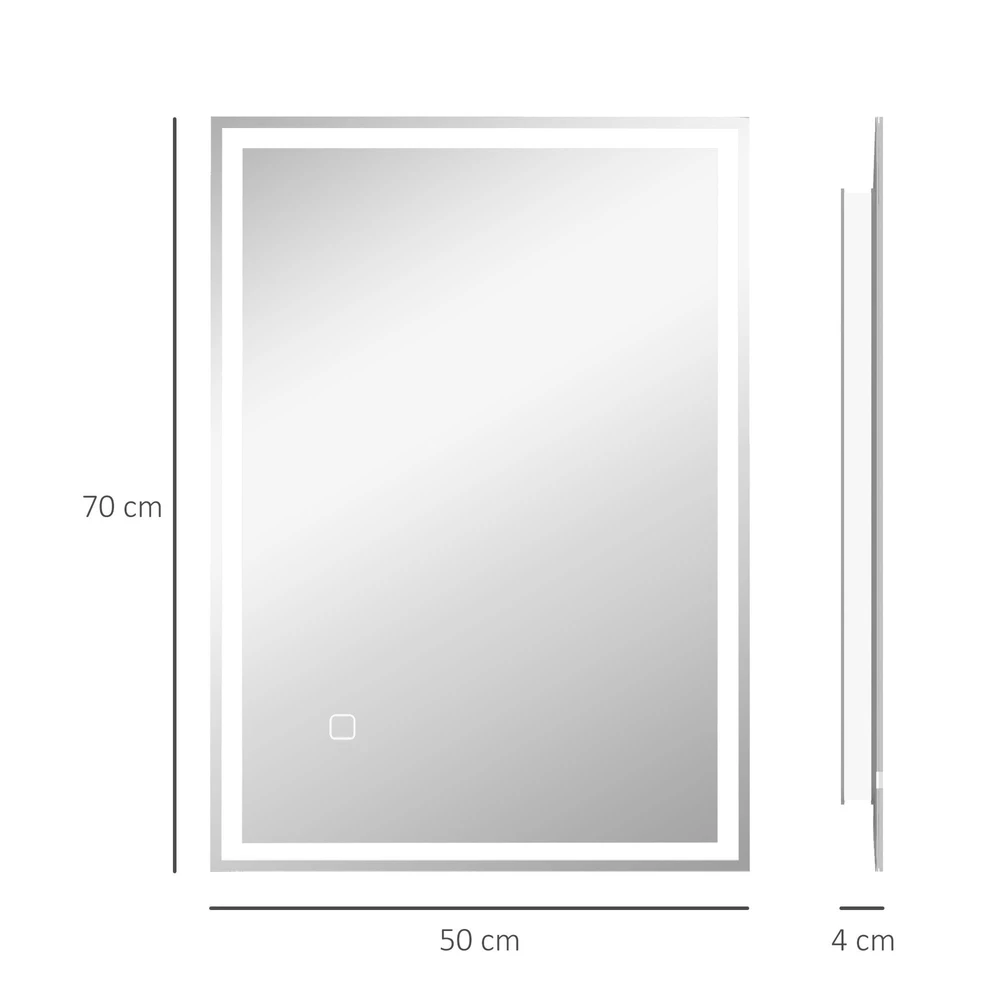 HOMCOM vonios veidrodis su apšvietimu 70 x 50 cm, LED veidrodis su atminties funkcija, sieninis veidrodis su jutikliniu jungikliu, nerasojantis apšviečiamas veidrodis su 3 šviesos spalvomis, baltas
