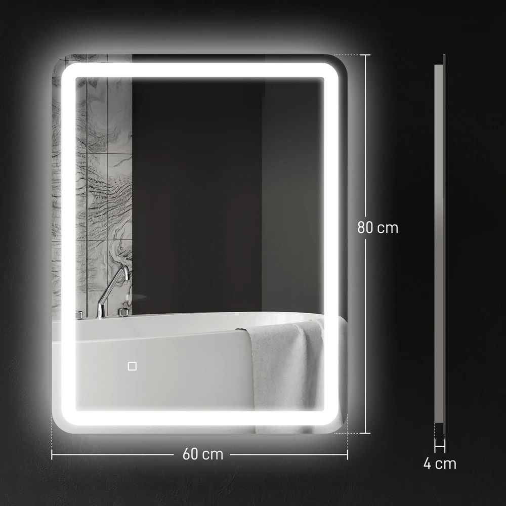 HOMCOM vonios veidrodis, 60 x 80 cm LED veidrodis su jutikliniu jungikliu, atminties funkcija, sieninis veidrodis su apsauga nuo rasojimo ir 3 apšvietimo spalvomis, sidabrinis