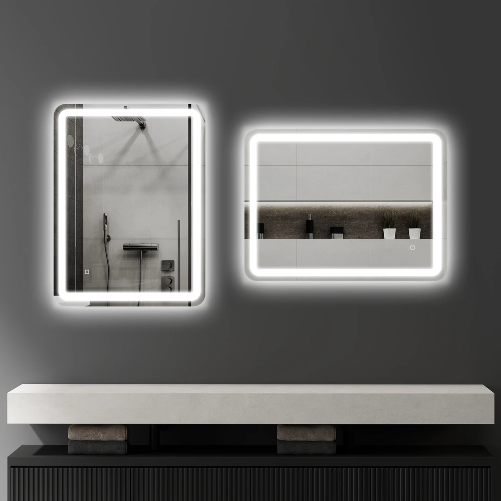 HOMCOM vonios veidrodis, 60 x 80 cm LED veidrodis su jutikliniu jungikliu, atminties funkcija, sieninis veidrodis su apsauga nuo rasojimo ir 3 apšvietimo spalvomis, sidabrinis