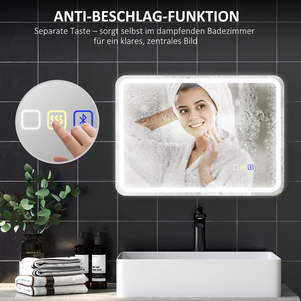 HOMCOM vonios veidrodis su apšvietimu 50x70 cm, LED veidrodis, sieninis veidrodis su „Bluetooth“ muzikos funkcija, jutikliniu jungikliu, atminties funkcija, apsauga nuo rasojimo, 3 šviesos spalvos, sidabrinis