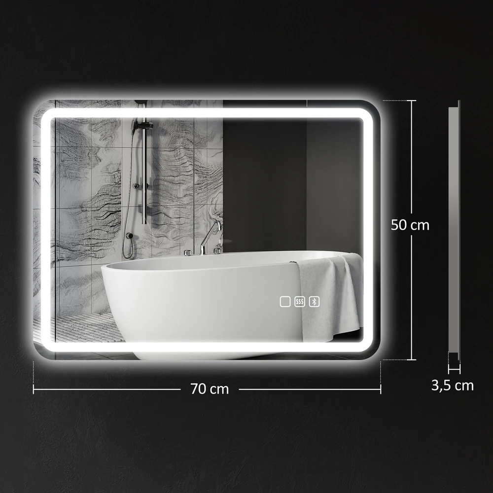 HOMCOM vonios veidrodis su apšvietimu 50x70 cm, LED veidrodis, sieninis veidrodis su „Bluetooth“ muzikos funkcija, jutikliniu jungikliu, atminties funkcija, apsauga nuo rasojimo, 3 šviesos spalvos, sidabrinis