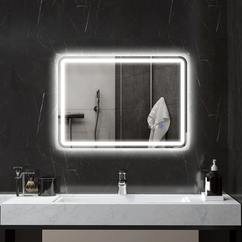 HOMCOM vonios veidrodis su apšvietimu 50x70 cm, LED veidrodis, sieninis veidrodis su „Bluetooth“ muzikos funkcija, jutikliniu jungikliu, atminties funkcija, apsauga nuo rasojimo, 3 šviesos spalvos, sidabrinis