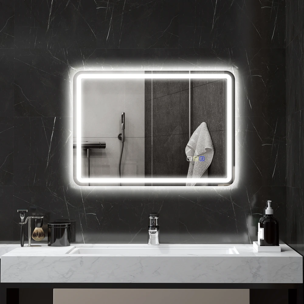 HOMCOM vonios veidrodis su apšvietimu 50x70 cm, LED veidrodis, sieninis veidrodis su „Bluetooth“ muzikos funkcija, jutikliniu jungikliu, atminties funkcija, apsauga nuo rasojimo, 3 šviesos spalvos, sidabrinis