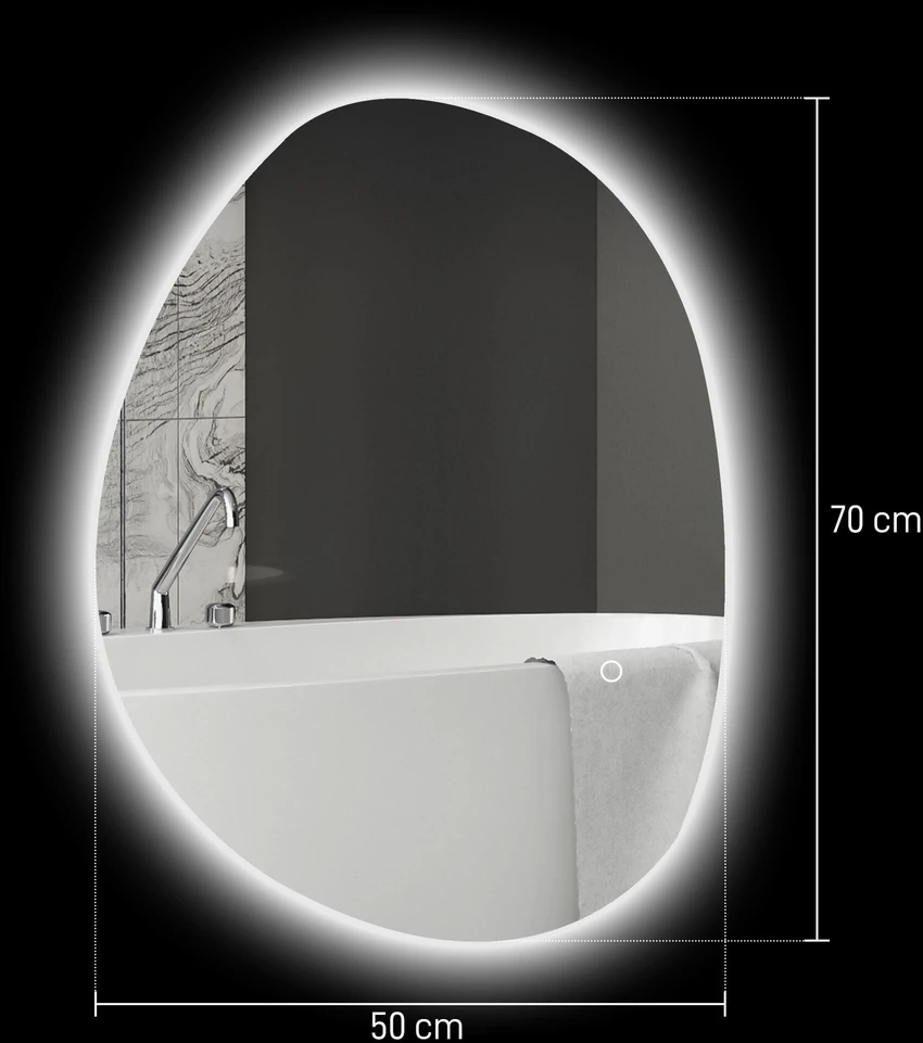 HOMCOM vonios veidrodis su apšvietimu 70x50 cm, LED veidrodis su jutikliniu jungikliu, 3 šviesos spalvos, asimetriškas vonios veidrodis su nerasojimo ir atminties funkcijomis, sieninis veidrodis IP44, vonios kambariui