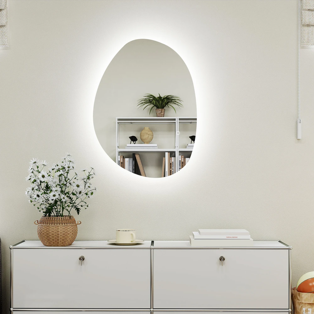 HOMCOM vonios veidrodis su apšvietimu 70x50 cm, LED veidrodis su jutikliniu jungikliu, 3 šviesos spalvos, asimetriškas vonios veidrodis su nerasojimo ir atminties funkcijomis, sieninis veidrodis IP44, vonios kambariui