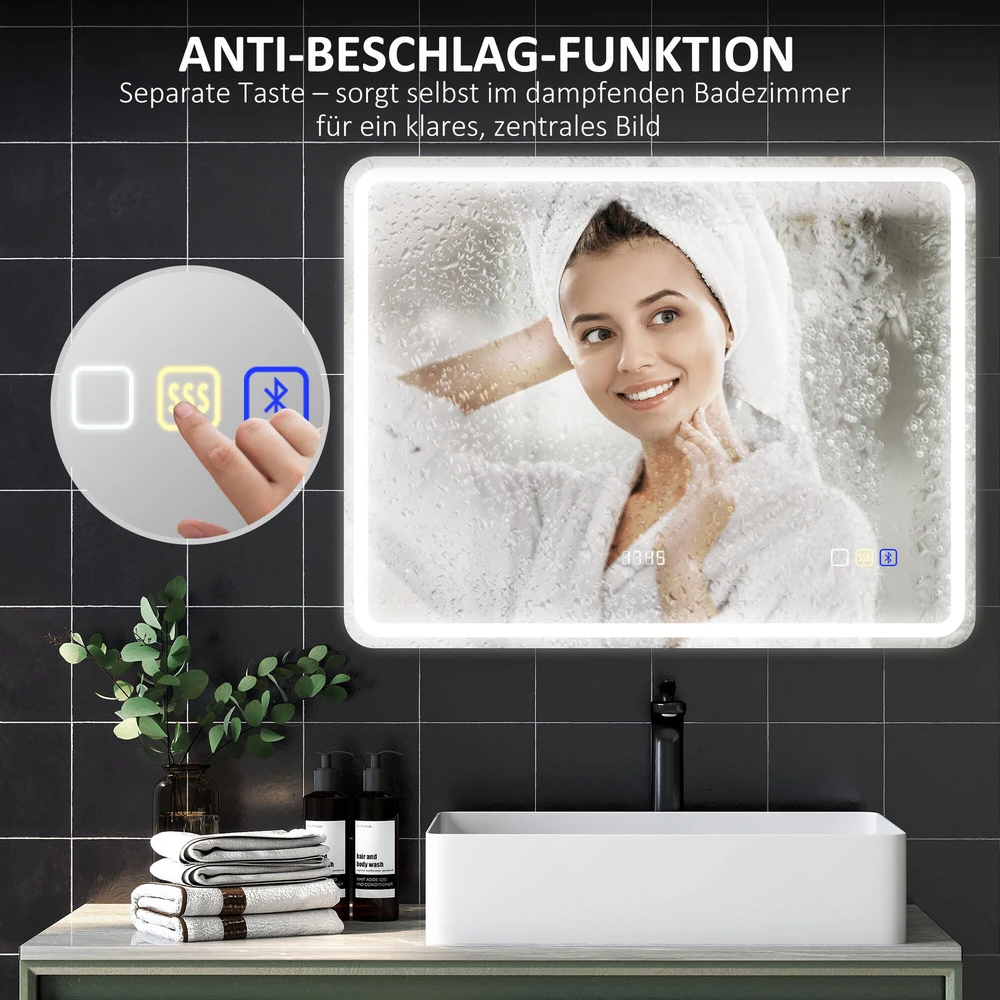 HOMCOM vonios veidrodis su apšvietimu 70x90 cm, LED veidrodis, sieninis veidrodis su Bluetooth muzikos funkcija, laikrodis, jutiklinis jungiklis, atminties funkcija, šviesos veidrodis be rasojimo, su 3 šviesos spalvomis, sidabrinis