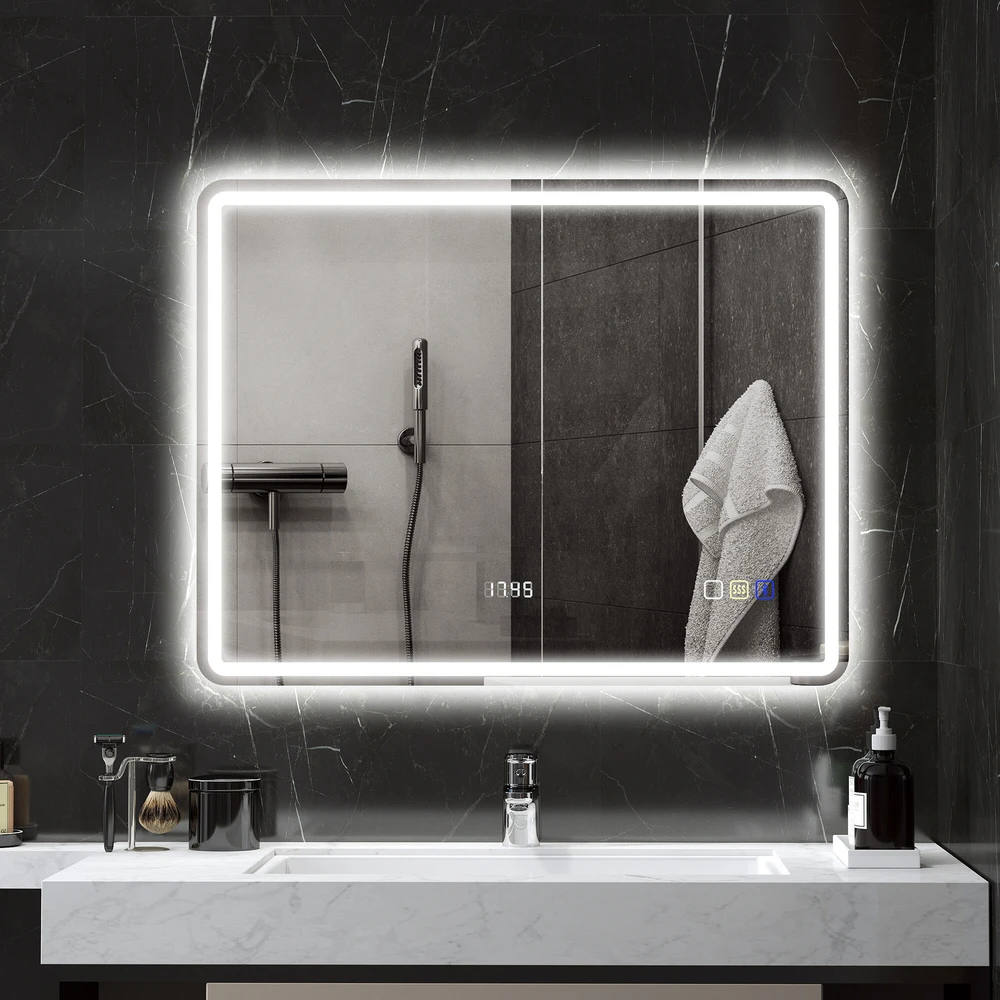 HOMCOM vonios veidrodis su apšvietimu 70x90 cm, LED veidrodis, sieninis veidrodis su Bluetooth muzikos funkcija, laikrodis, jutiklinis jungiklis, atminties funkcija, šviesos veidrodis be rasojimo, su 3 šviesos spalvomis, sidabrinis