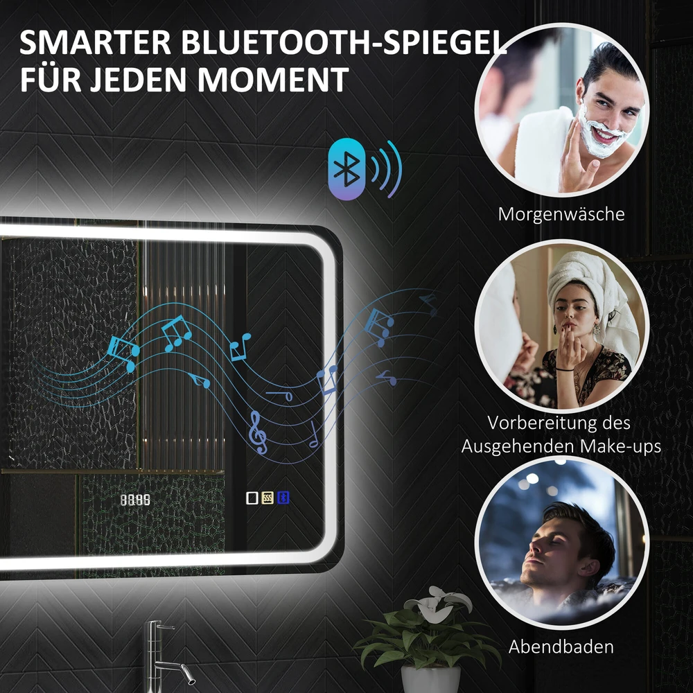 HOMCOM vonios veidrodis su apšvietimu 70x90 cm, LED veidrodis, sieninis veidrodis su Bluetooth muzikos funkcija, laikrodis, jutiklinis jungiklis, atminties funkcija, šviesos veidrodis be rasojimo, su 3 šviesos spalvomis, sidabrinis