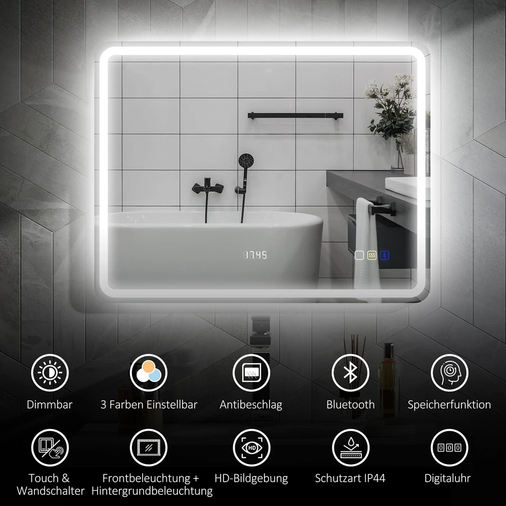 HOMCOM vonios veidrodis su apšvietimu 70x90 cm, LED veidrodis, sieninis veidrodis su Bluetooth muzikos funkcija, laikrodis, jutiklinis jungiklis, atminties funkcija, šviesos veidrodis be rasojimo, su 3 šviesos spalvomis, sidabrinis
