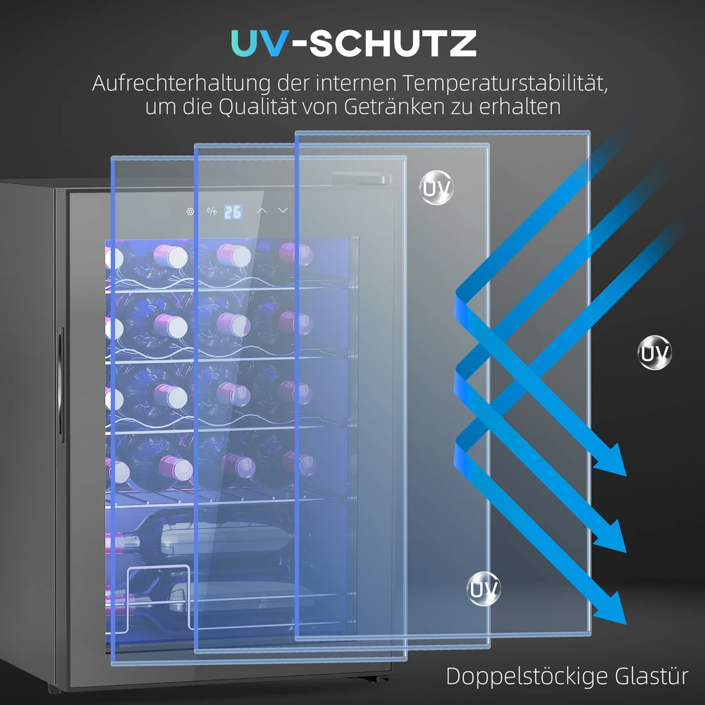 HOMCOM vyno šaldytuvas, 20 butelių, 53 l, 5–18 ℃, kompresorinis gėrimų šaldytuvas su anti-UV stiklo durelėmis, butelių šaldytuvas su LED apšvietimu, mažas vyno šaldytuvas su jutikliniu ekranu, juodas