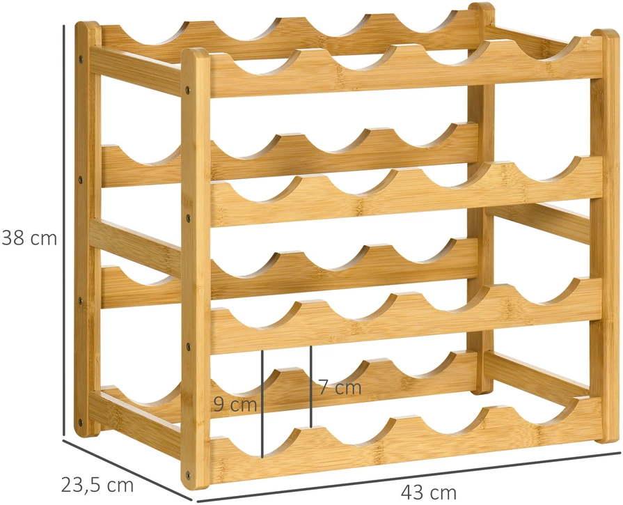 HOMCOM vyno stovas buteliams, bambukinis, natūralaus medžio, 16 butelių, 43x23,5x38 cm