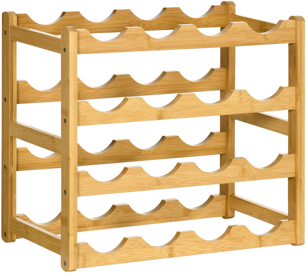 HOMCOM vyno stovas buteliams, bambukinis, natūralaus medžio, 16 butelių, 43x23,5x38 cm