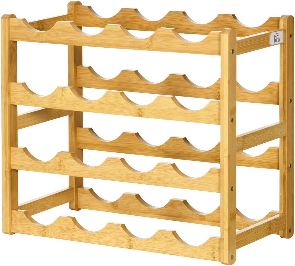 HOMCOM vyno stovas buteliams, bambukinis, natūralaus medžio, 16 butelių, 43x23,5x38 cm