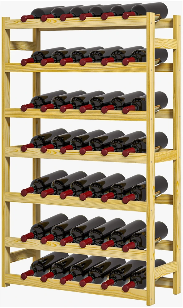 HOMCOM vyno lentyna, stovas 42 vyno buteliams, 7 pakopų, medinis pastatomas stovas, vyno laikiklis su apsauga nuo apvirtimo virtuvei, natūralios spalvos 63 x 25 x 102 cm