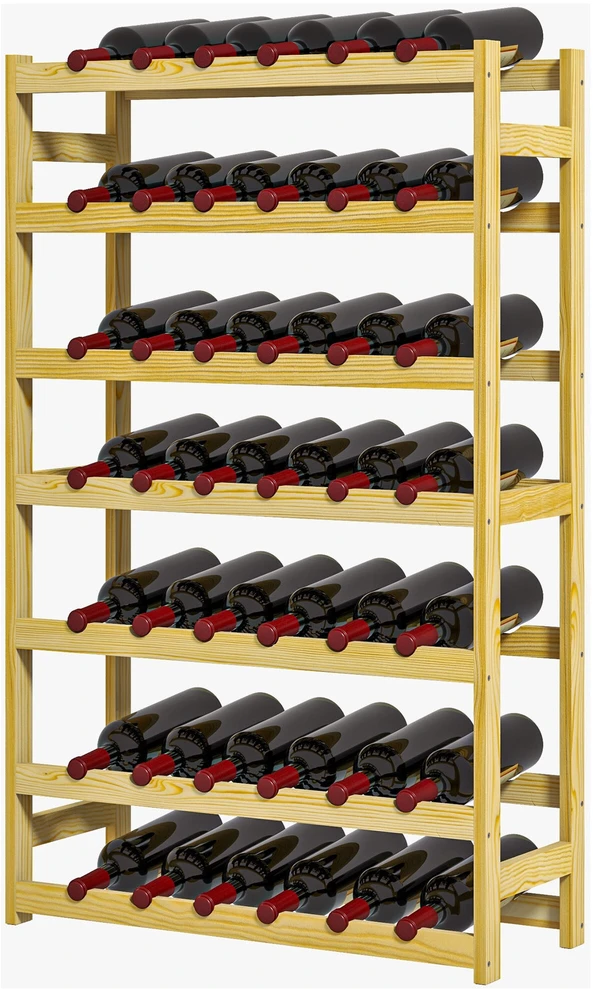 HOMCOM vyno lentyna, stovas 42 vyno buteliams, 7 pakopų, medinis pastatomas stovas, vyno laikiklis su apsauga nuo apvirtimo virtuvei, natūralios spalvos 63 x 25 x 102 cm