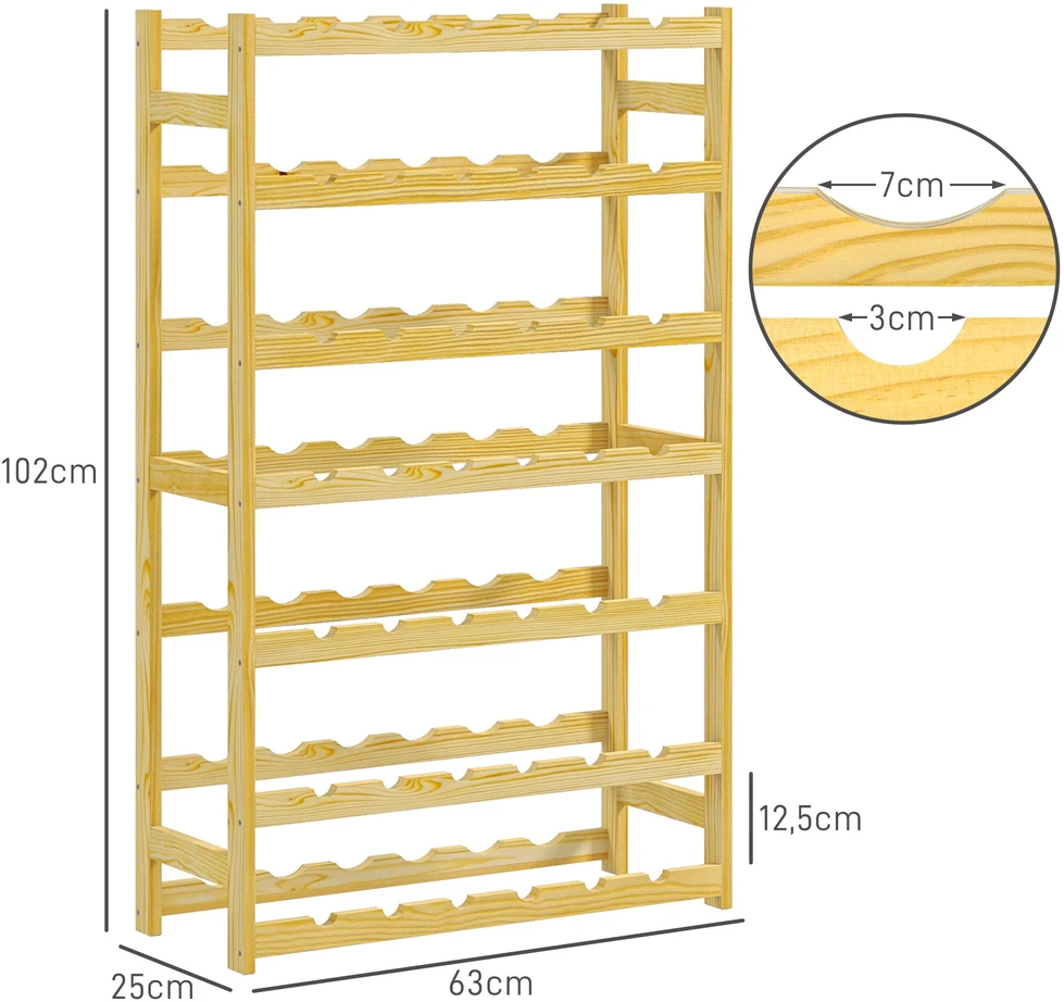 HOMCOM vyno lentyna, stovas 42 vyno buteliams, 7 pakopų, medinis pastatomas stovas, vyno laikiklis su apsauga nuo apvirtimo virtuvei, natūralios spalvos 63 x 25 x 102 cm