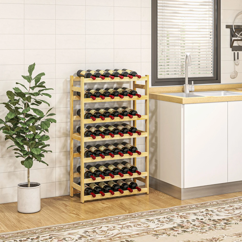 HOMCOM vyno lentyna, stovas 42 vyno buteliams, 7 pakopų, medinis pastatomas stovas, vyno laikiklis su apsauga nuo apvirtimo virtuvei, natūralios spalvos 63 x 25 x 102 cm
