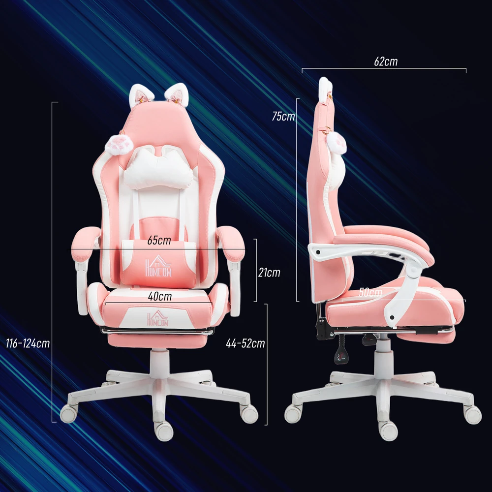 HOMCOM žaidimų kėdė, ergonomiška kėdė žaidėjams su juosmens atrama, kojų atrama, žaidimų fotelis su katės ausytėmis, galvos atrama, reguliuojamo aukščio biuro kėdė su atlošiama funkcija, rožinė