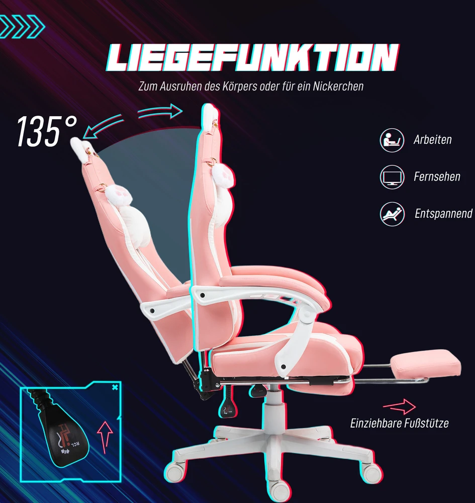 HOMCOM žaidimų kėdė, ergonomiška kėdė žaidėjams su juosmens atrama, kojų atrama, žaidimų fotelis su katės ausytėmis, galvos atrama, reguliuojamo aukščio biuro kėdė su atlošiama funkcija, rožinė