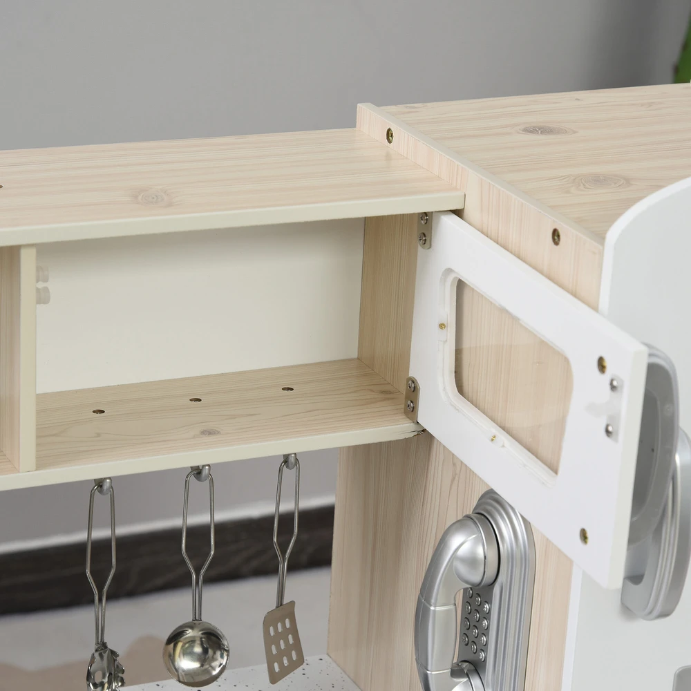 HOMCOM Vaikiška virtuvėlė su priedais, svajonių virtuvėlė nuo 3 metų, žaislinė virtuvėlė, pagaminta iš pušies ir MDF, balta, 74 x 30 x 81 cm