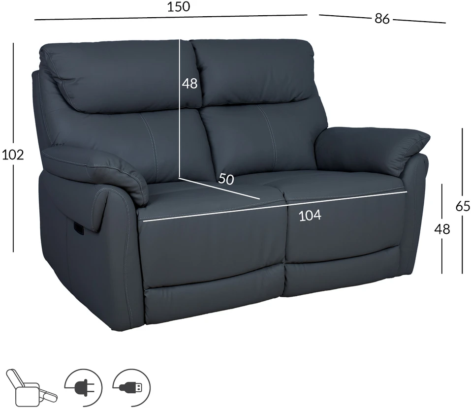 Home4You Dark Atlošas sofa BOWEN 2-vietė su elektriniu mechanizmu, tamsiai pilka natūrali oda