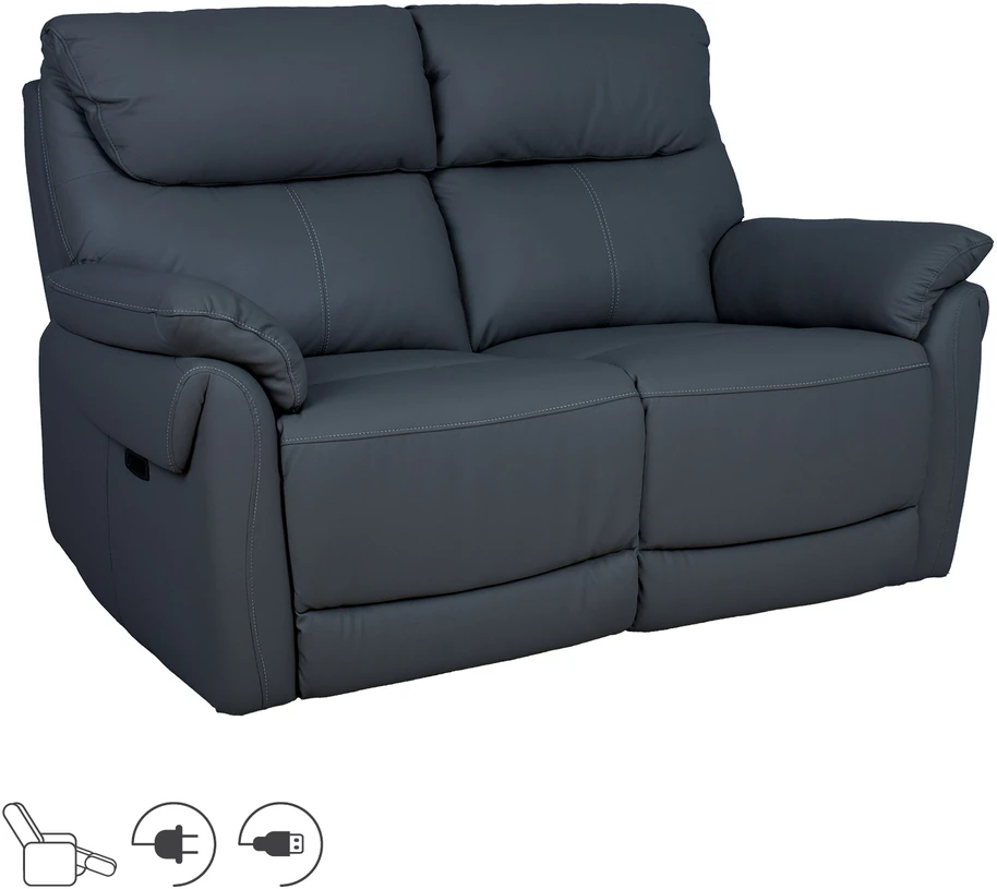 Home4You Dark Atlošas sofa BOWEN 2-vietė su elektriniu mechanizmu, tamsiai pilka natūrali oda