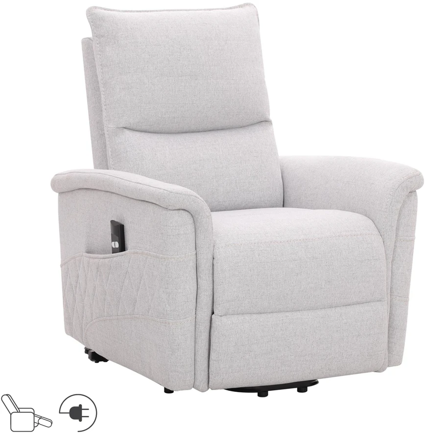 Home4You Atlošiamas fotelis GIANNI su elektriniu pakėlimo mechanizmu, pilkšvai baltas