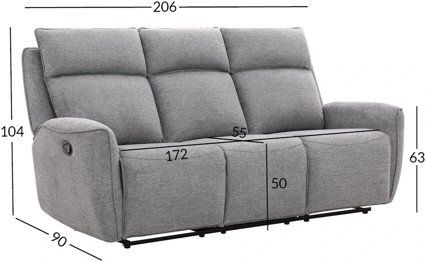 Home4You Sofa-reglaineris MAREN 3-vietų Pilka