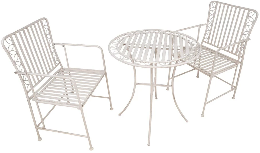 Lauko baldų komplektas Home4You Balkono komplektas JASMINE stalas ir 2 kėdės, antikvarinis baltas metalas