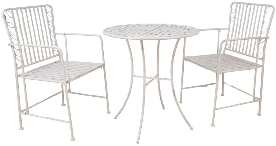 Lauko baldų komplektas Home4You Balkono komplektas JASMINE stalas ir 2 kėdės, antikvarinis baltas metalas