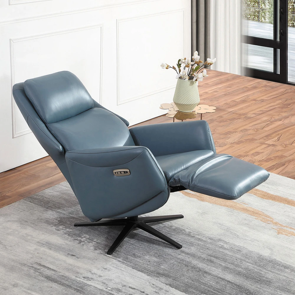 Home4You Mėlyna Atlošiamas fotelis DAMIANO su elektriniu mechanizmu, mėlyna oda