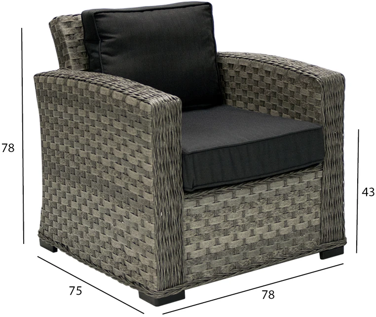 Home4You Lauko fotelis GENEVA su pagalvėlėmis, 78x75xH78cm, rėmas: aliumininis su plastikinių vytelių apdaila, spalva: pilka