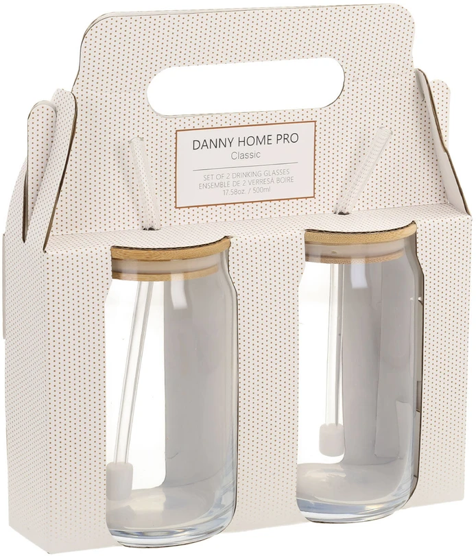 Home4You Geriamosios stiklinės CLASSIC 2 vnt. po 500 ml, su dangteliu ir stikliniu šiaudeliu