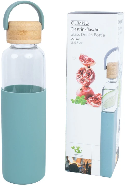 Home4You Bamboo Geriamasis butelis GLASS H22,5cm 550ml, stiklinis, bambukinis dangtelis
