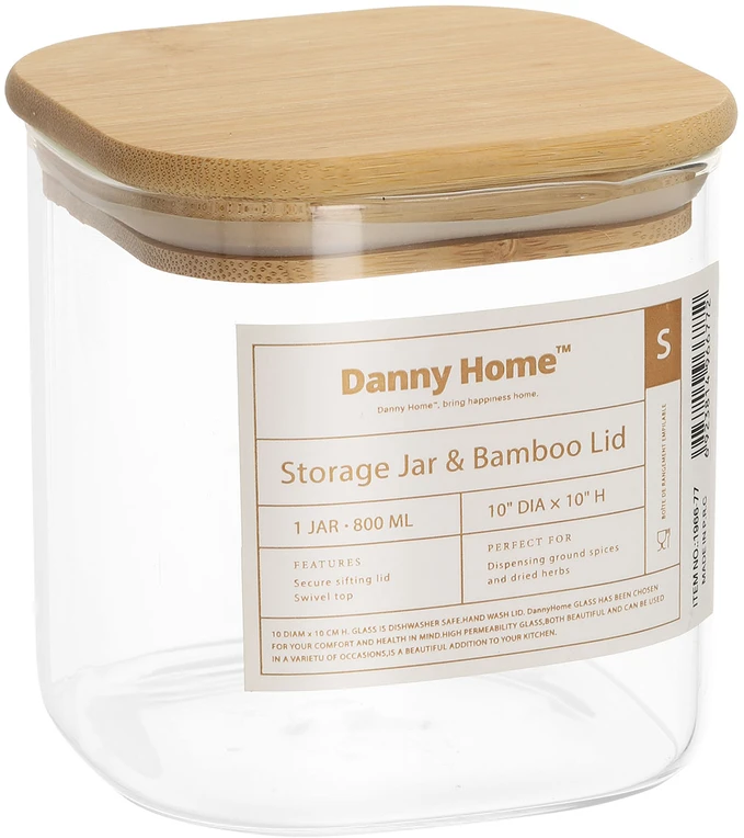 Home4You Bamboo Sandėliavimo indelis JAR 10x10xH10cm 800ml su bambukiniu dangteliu, stiklas