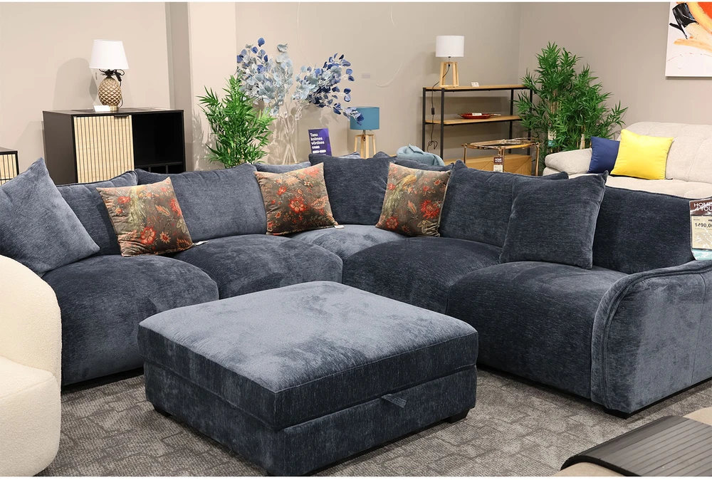 Home4You Mėlyna Kampinė sofa ir pufas DIVI tamsiai mėlyna
