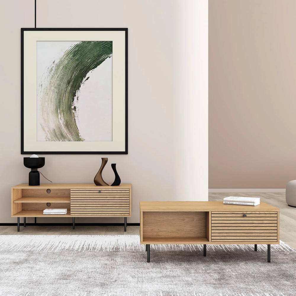 Home4You Kavos staliukas LINE 100x50xH45cm, melaminas su ąžuolo žieve