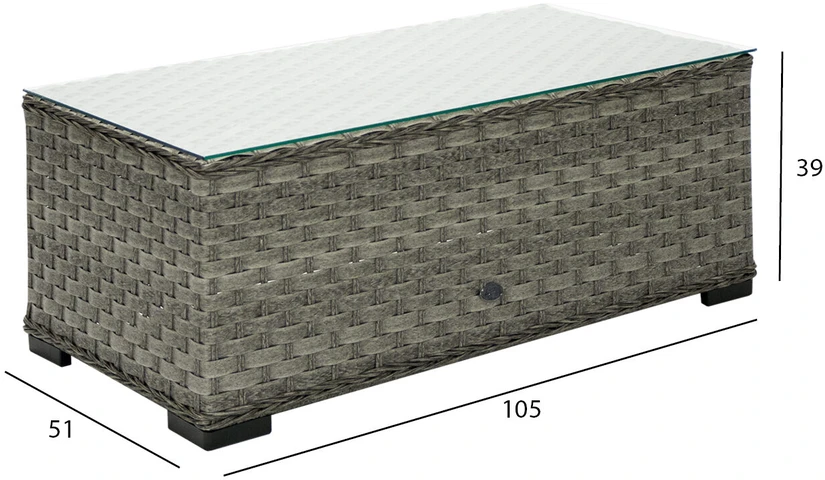 Sofa Home4You Lauko staliukas GENEVA,105x51xH39cm, stalviršis: 5mm skaidrus stiklas, rėmas: aliumininis su plastikinių vytelių apdaila, spalva: pilka