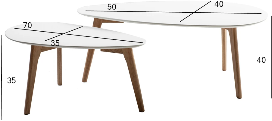 Home4You Stalų rinkinys HELENA 2 vnt. 100x50xH40 cm, 70x35x35 cm, stalviršis: MDF, spalva: balta, kojos iš ąžuolo medienos,