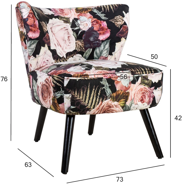 Fotelis Home4You Kėdė LA PERLA, 63x73x76 cm, audinys: aksomas, spalva: gėlių dizainas