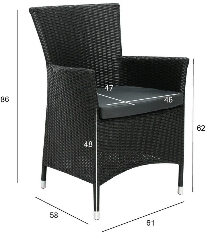Home4You Fotelis WICKER-1 su pagalvėle, 61x58xH86cm, rėmas: plienas su sintetine vytele, spalva: juoda