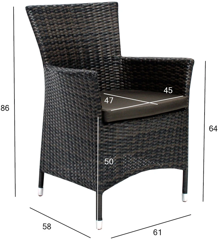 Home4You Fotelis WICKER-1 su pagalvėle, 61x58xH86cm, rėmas: plienas su sintetine vytele, spalva: tamsiai ruda