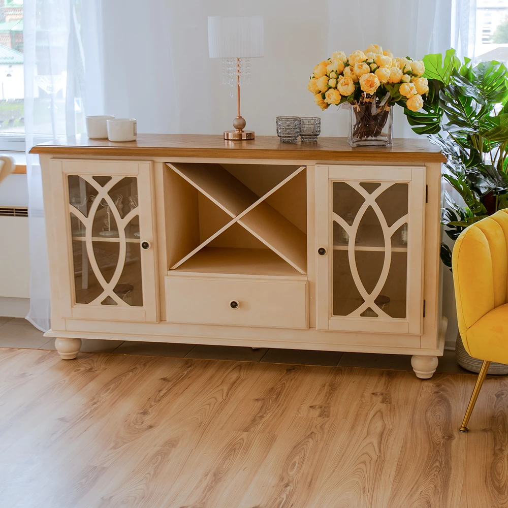 Home4You Indauja LILY, 152x46x84 cm, medžiaga: MDF su tikro ąžuolo lukštu, rėmas: kaučiukmedis, spalva: ąžuolas, sendinta balta